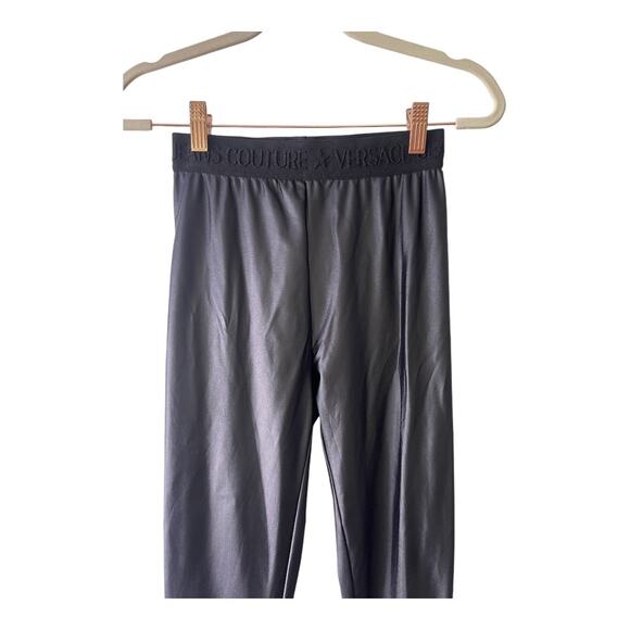 Versace Jeans Couture Logo Elastic Waist High Rise Shiny Leggings Black 38/ US 2 - Picture 5 of 13